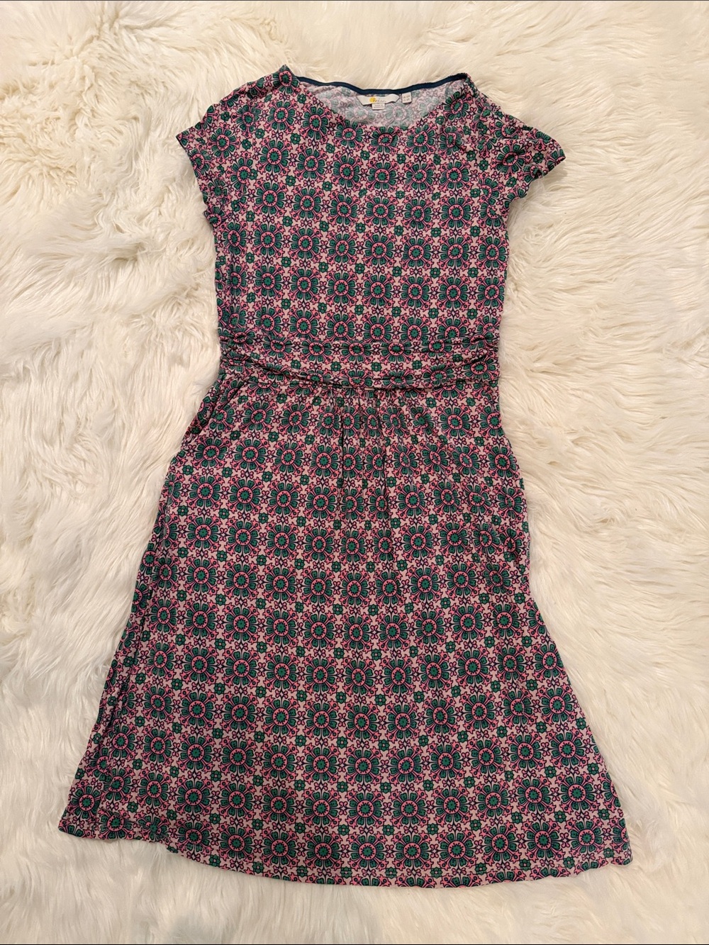 Boden Pink and Green Printed Cap-Sleeve Dress